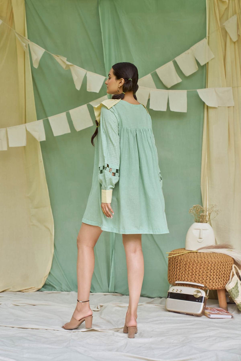 Pesto Mint Detachable Handloom Cotton Dress | Verified Sustainable Womens Dress on Brown Living™