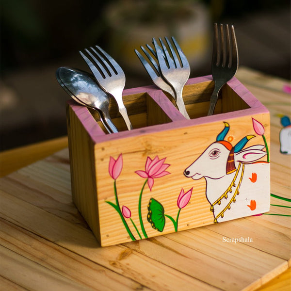 Buy Pichwai Cow Cutlery Holder | 2 Compartments | Salvage | Multipurpose | Natural Pine | Shop Verified Sustainable Table Decor on Brown Living™
