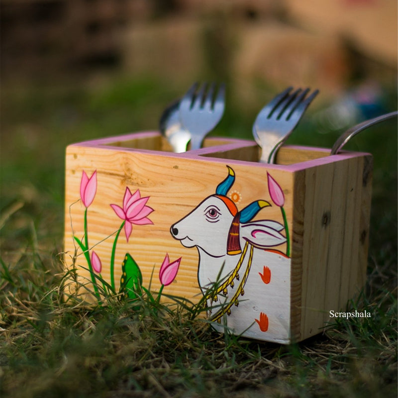 Pichwai Cow Cutlery Holder | 2 Compartments | Salvage | Multipurpose | Natural Pine | Verified Sustainable by Brown Living™