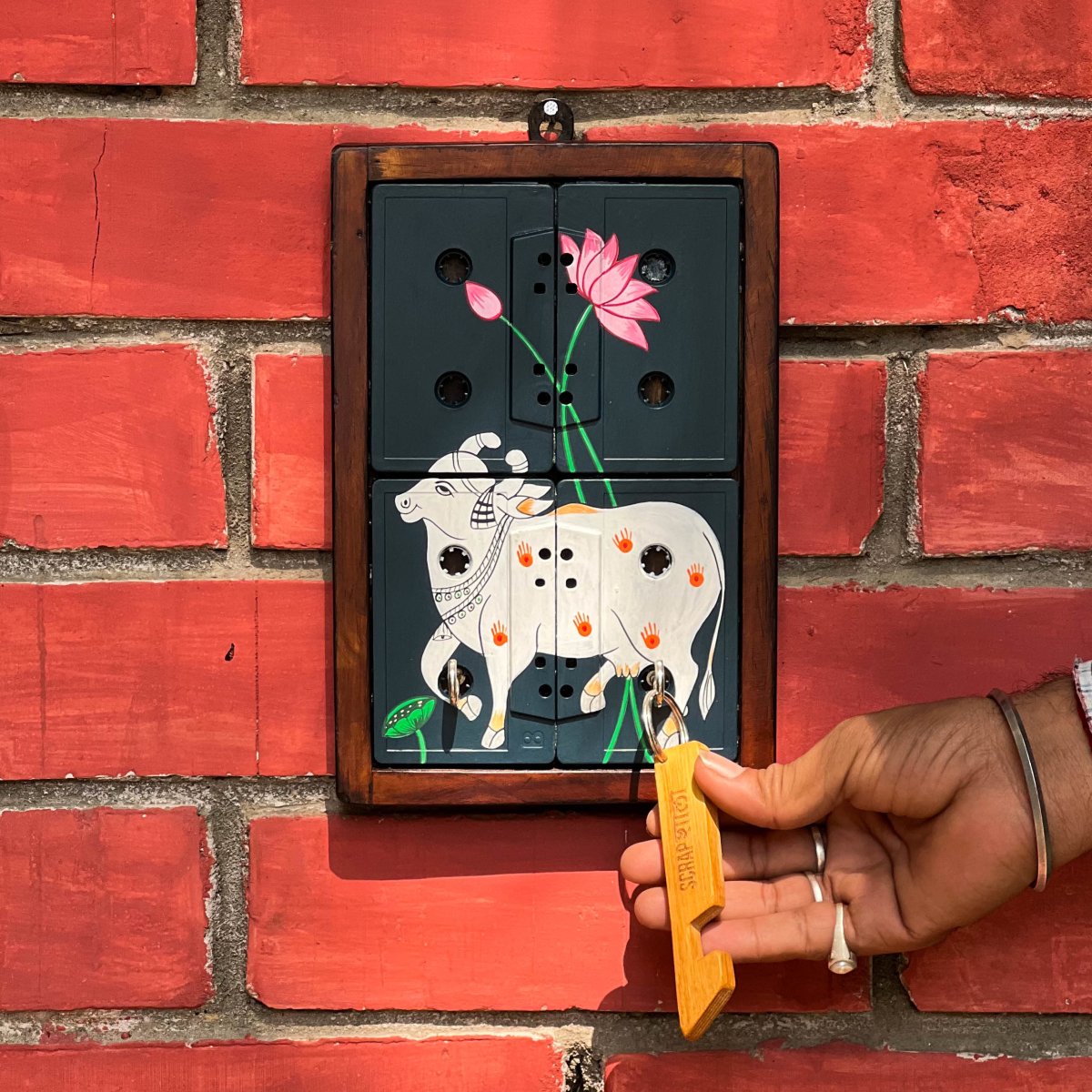 Pichwai Nandi Art Key Holder | Motivational | Audio Tapes | Upcycled | Verified Sustainable by Brown Living™