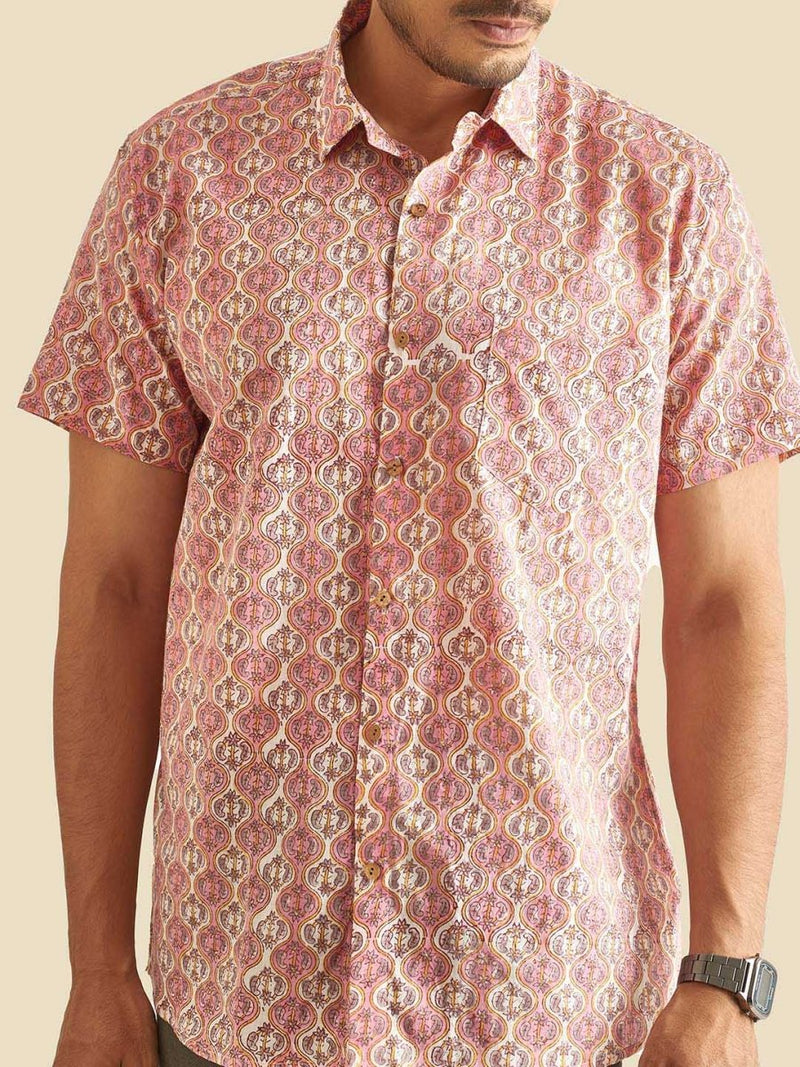 Pink and White Ethnic Block Printed Holiday Halfsleeves Cotton Shirt | Verified Sustainable by Brown Living™