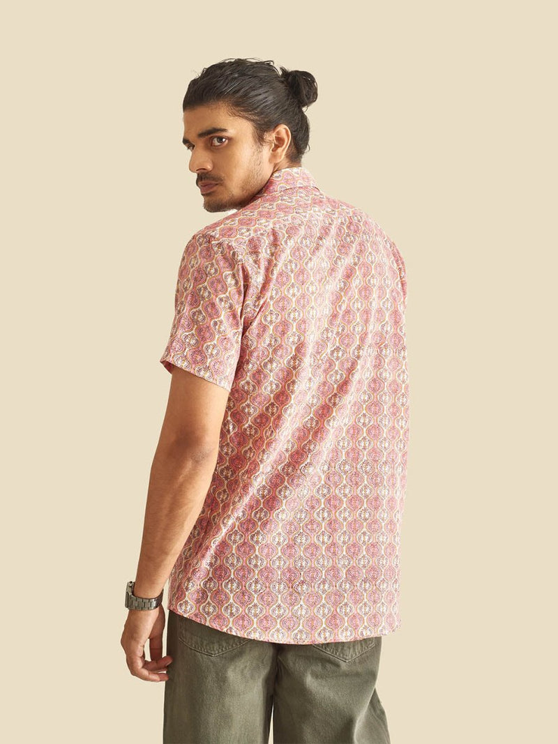 Buy Pink and White Ethnic Block Printed Holiday Halfsleeves Cotton Shirt | Shop Verified Sustainable Mens Shirt on Brown Living™