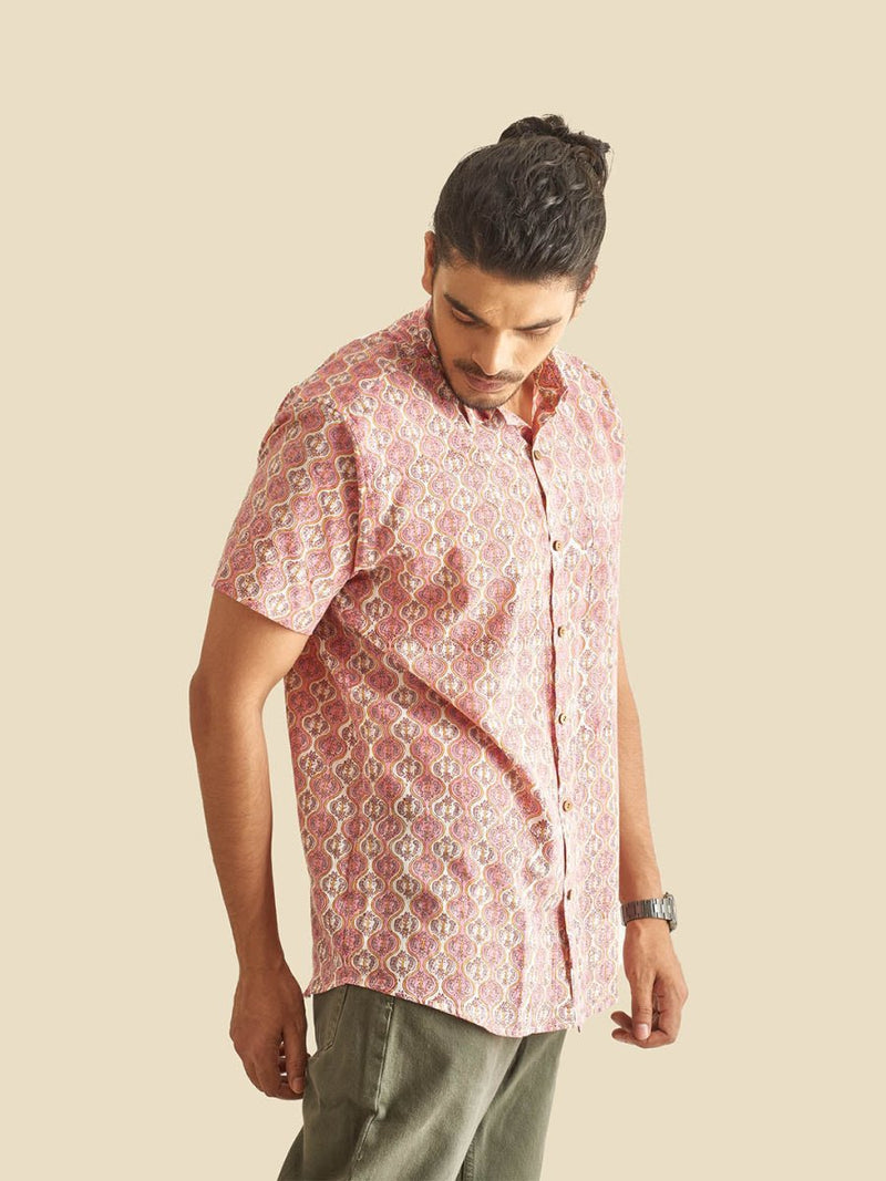 Buy Pink and White Ethnic Block Printed Holiday Halfsleeves Cotton Shirt | Shop Verified Sustainable Mens Shirt on Brown Living™