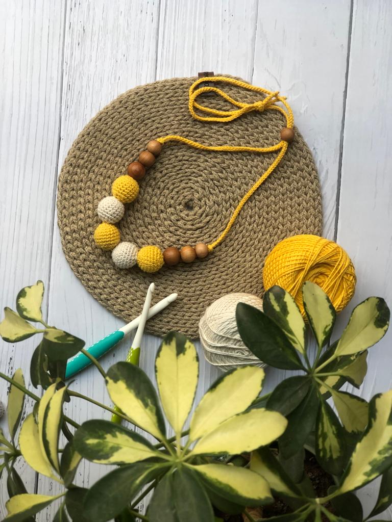 Yellow and White Crochet Wooden Beads Adjustable Necklace | Verified Sustainable by Brown Living™