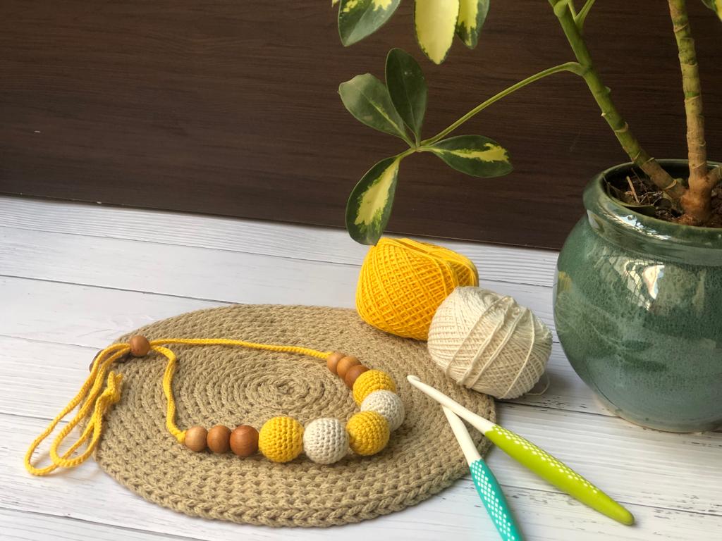 Yellow and White Crochet Wooden Beads Adjustable Necklace | Verified Sustainable by Brown Living™