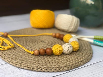 Yellow and White Crochet Wooden Beads Adjustable Necklace | Verified Sustainable by Brown Living™