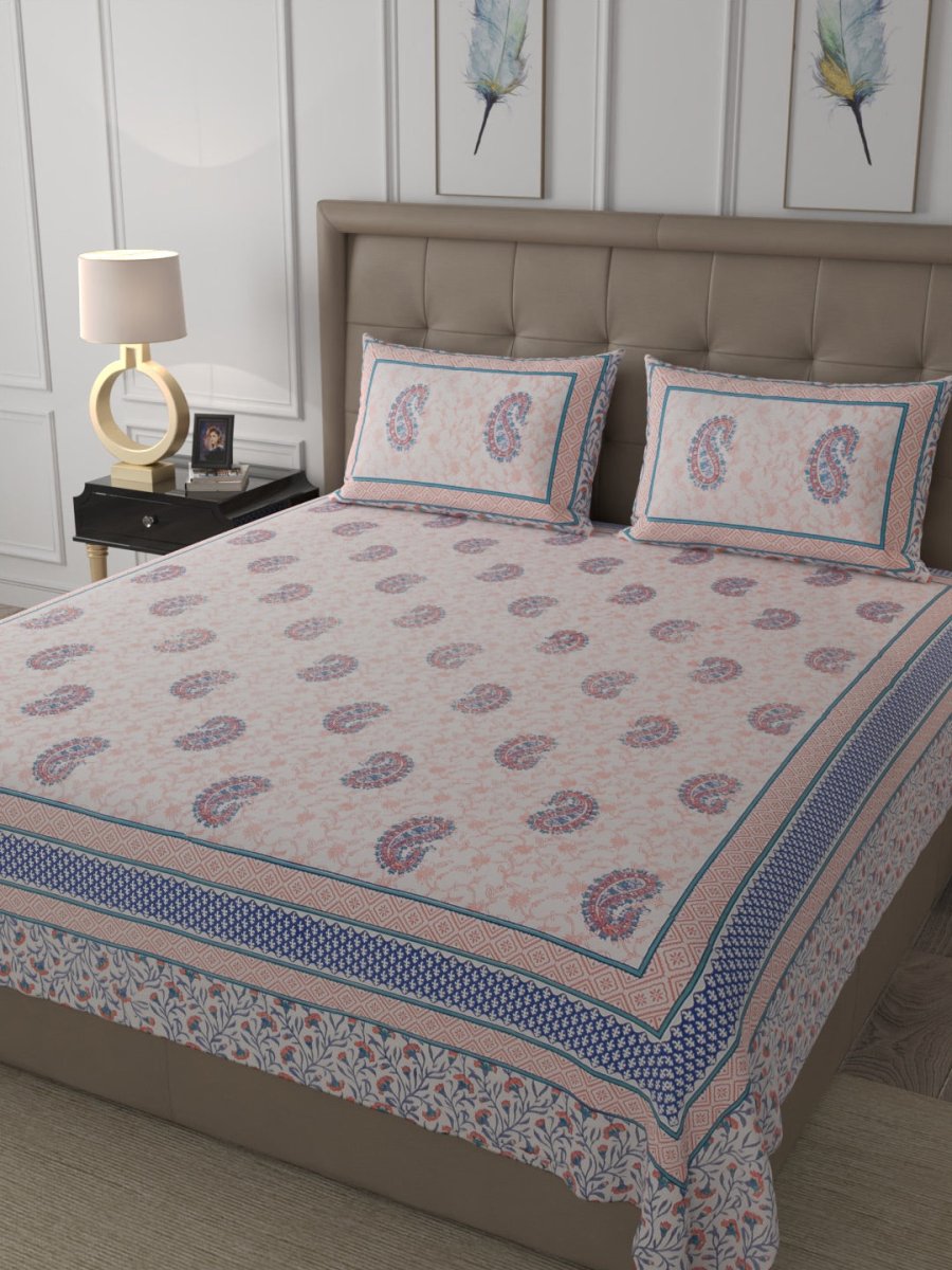 Pink Elegant Hand Block Paisley Print Cotton Super King Size Bedding set | Verified Sustainable by Brown Living™