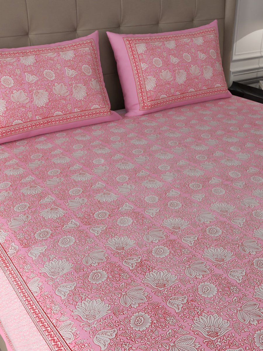 Pink Elegant Hand Block Print Pure Cotton Super King Size Bedsheet with 2 Pillow Covers | Verified Sustainable by Brown Living™