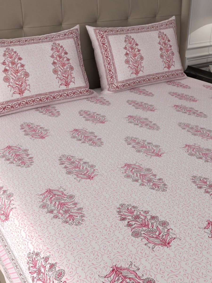 Pink Elegant Hand Block Print Pure Cotton Super King Size Bedsheet with 2 Pillow Covers | Verified Sustainable by Brown Living™