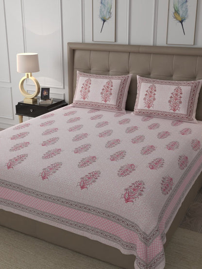 Pink Elegant Hand Block Print Pure Cotton Super King Size Bedsheet with 2 Pillow Covers | Verified Sustainable by Brown Living™