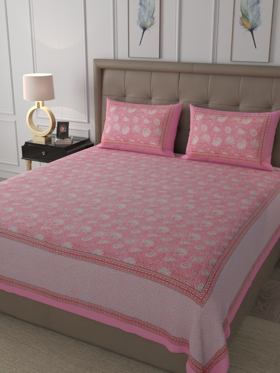 Pink Elegant Hand Block Print Pure Cotton Super King Size Bedsheet with 2 Pillow Covers | Verified Sustainable by Brown Living™