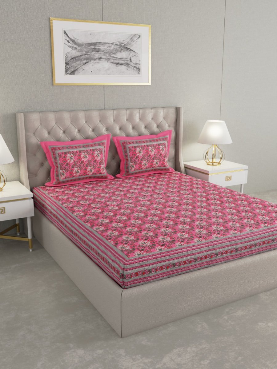 Pink Floral Hand Printed Pure Cotton King Size Bedding Set | Verified Sustainable by Brown Living™