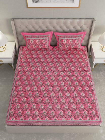 Pink Floral Hand Printed Pure Cotton King Size Bedding Set | Verified Sustainable by Brown Living™