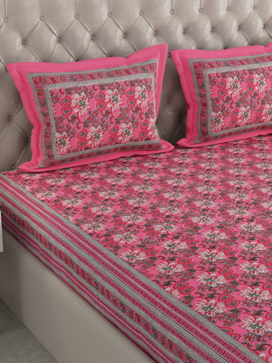 Pink Floral Hand Printed Pure Cotton King Size Bedding Set | Verified Sustainable by Brown Living™