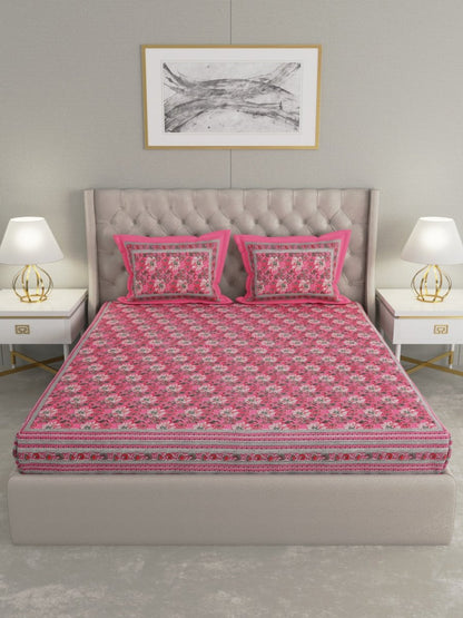 Pink Floral Hand Printed Pure Cotton King Size Bedding Set | Verified Sustainable by Brown Living™