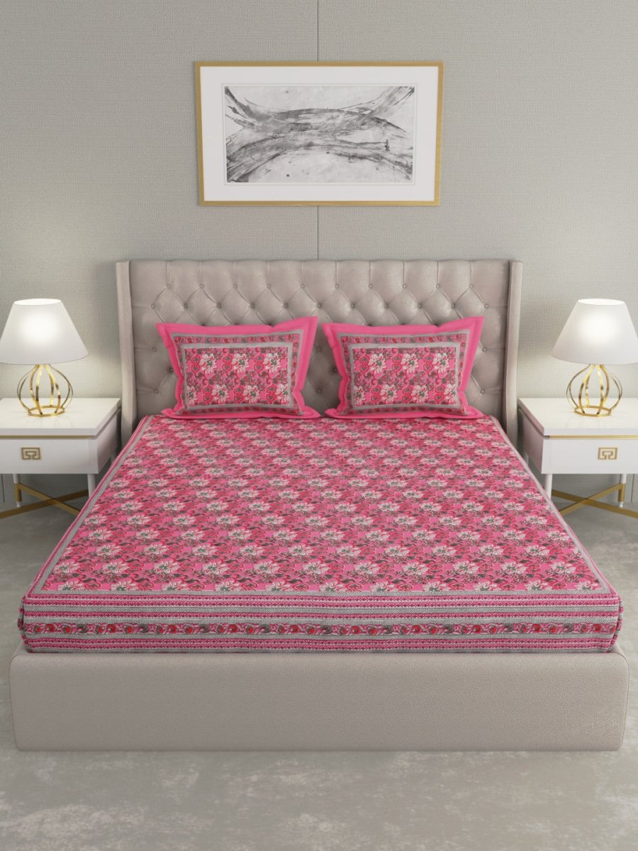 Pink Floral Hand Printed Pure Cotton King Size Bedding Set | Verified Sustainable by Brown Living™