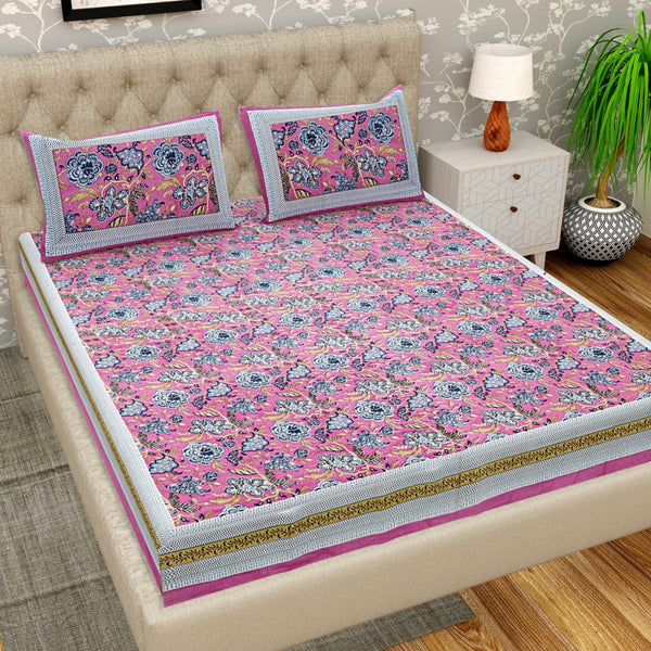 Buy Pink Floral Print Pure Cotton King Size Bedsheet with 2 Pillow Covers | Shop Verified Sustainable Bedding on Brown Living™
