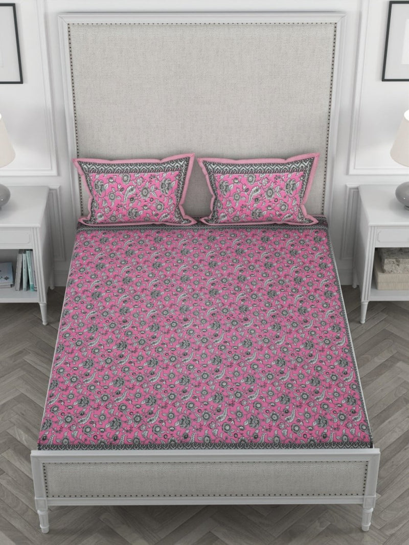 Pink Floral Print Pure Cotton King Size Bedsheet with 2 Pillow Covers. | Verified Sustainable by Brown Living™