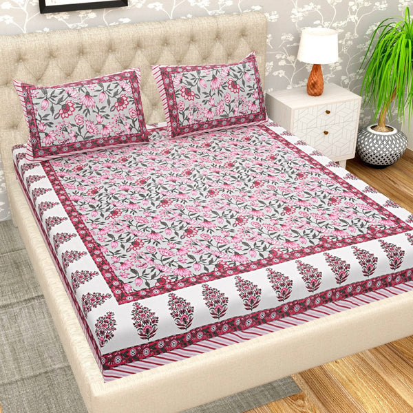 Buy Pink Floral Print Pure Cotton Super King Size Bedsheet with 2 Pillow Covers | Shop Verified Sustainable Bedding on Brown Living™