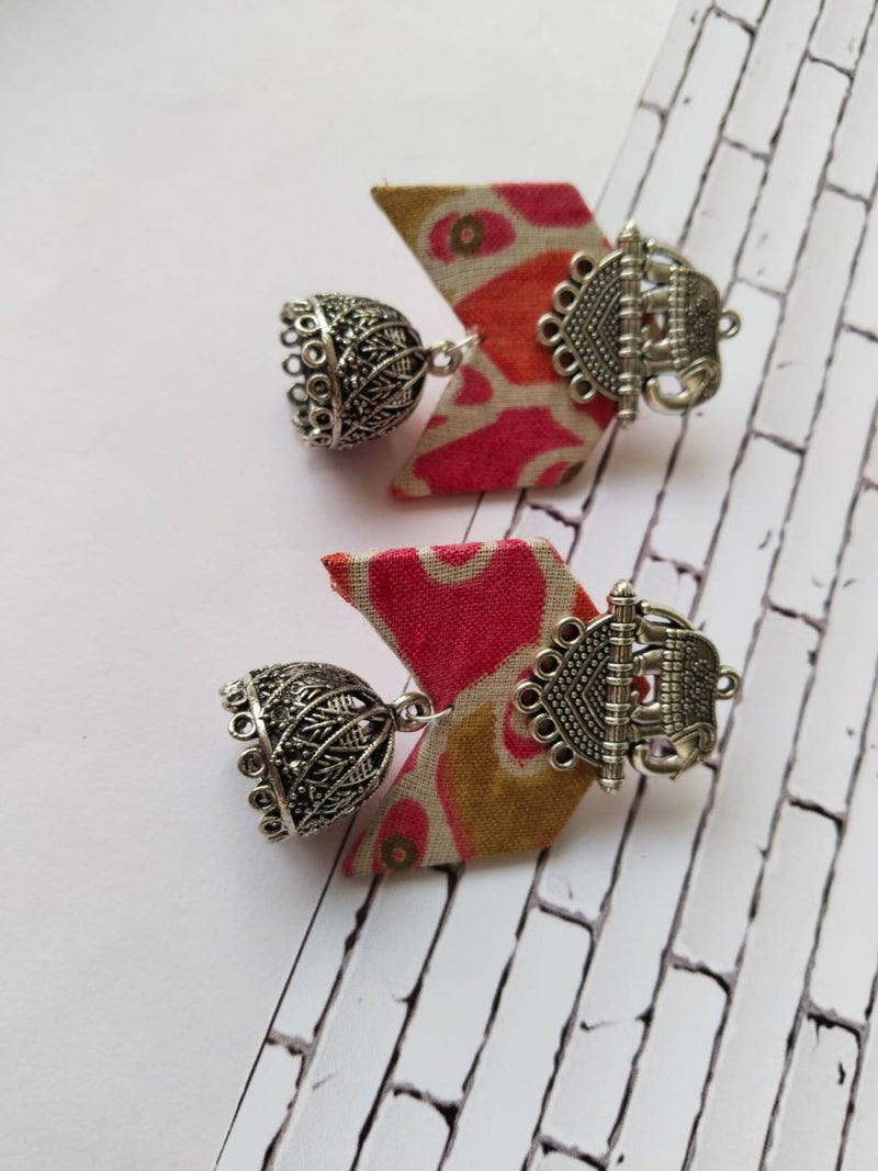 Buy Pink Floral Printed Fabric Elephant Charm Oxidised Jhumka | Shop Verified Sustainable Womens earrings on Brown Living™
