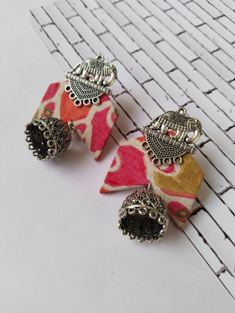 Buy Pink Floral Printed Fabric Elephant Charm Oxidised Jhumka | Shop Verified Sustainable Womens earrings on Brown Living™