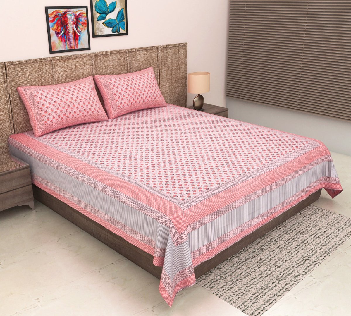Pink Hand Block Floral Print Pure Cotton King Size Bedsheet with 2 Pillow Covers | Verified Sustainable by Brown Living™