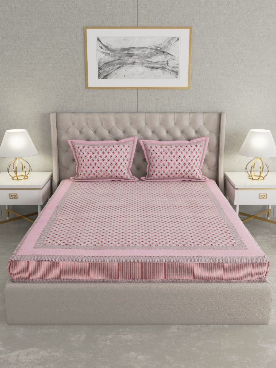 Pink Hand Block Print Pure Cotton King Size Bedding Set | Verified Sustainable by Brown Living™