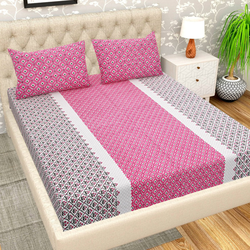 Buy Pink Jaipuri Print Pure Cotton Super King Size Bedsheet with 2 Pillow Covers | Shop Verified Sustainable Products on Brown Living