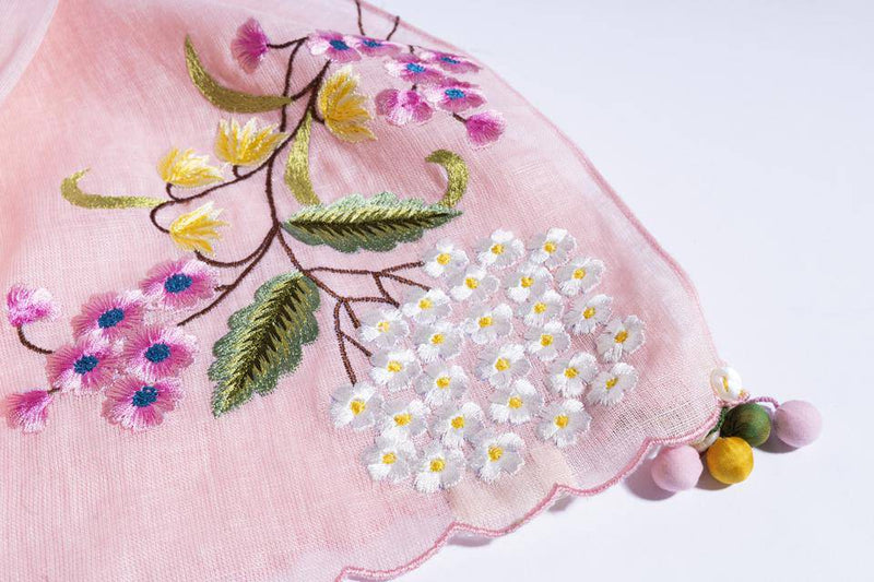 Buy Pink Linen Base With Embroidered Florals And Scalloped Edges | Shop Verified Sustainable Products on Brown Living