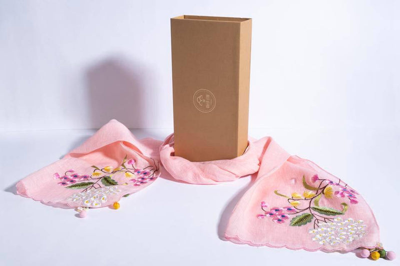 Buy Pink Linen Base With Embroidered Florals And Scalloped Edges | Shop Verified Sustainable Womens Scarf on Brown Living™
