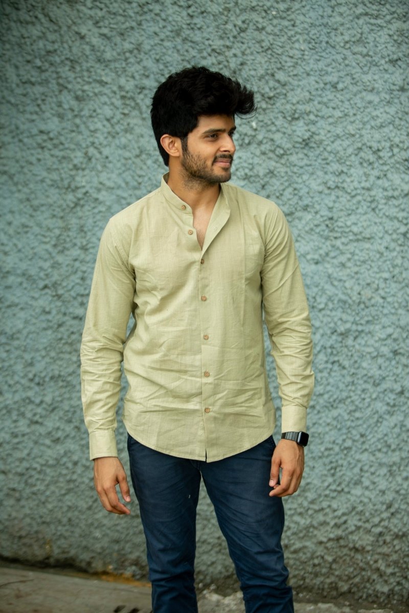 Pistachio Mandarin Collar Khadi Shirt | Verified Sustainable by Brown Living™