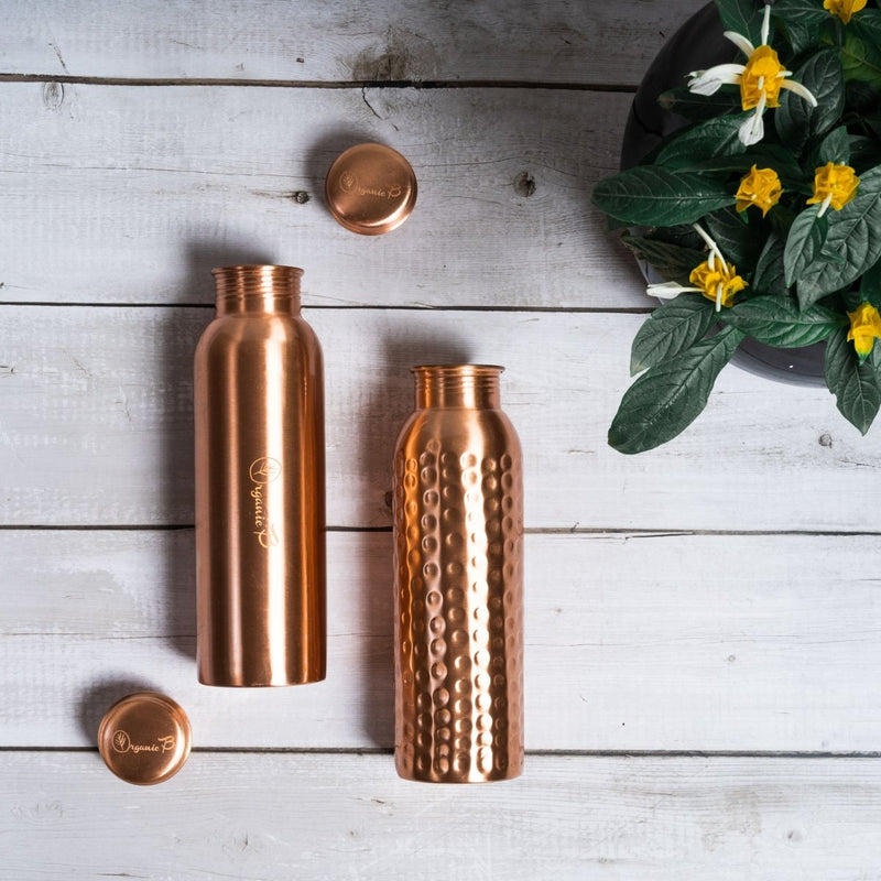 Buy Plain & Hammered Copper Water Bottle Set of 2 - 900 ml Each | Shop Verified Sustainable Bottles & Sippers on Brown Living™