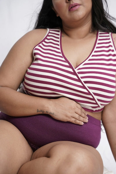 Plum Stripe Organic Cotton Maternity Bralette – Womens Top on Brown Living™. SKU: 008/Overlap/Plum/S_24BL10637. Img 3.