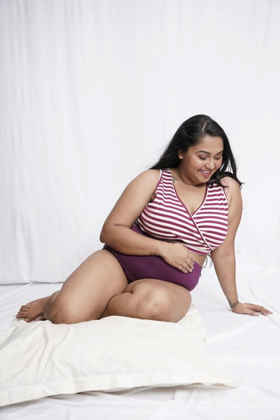 Plum Stripe Organic Cotton Maternity Bralette – Womens Top on Brown Living™. SKU: 008/Overlap/Plum/S_24BL10637. Img 1.