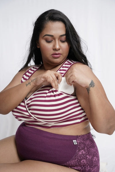 Plum Stripe Organic Cotton Maternity Bralette – Womens Top on Brown Living™. SKU: 008/Overlap/Plum/S_24BL10637. Img 2.