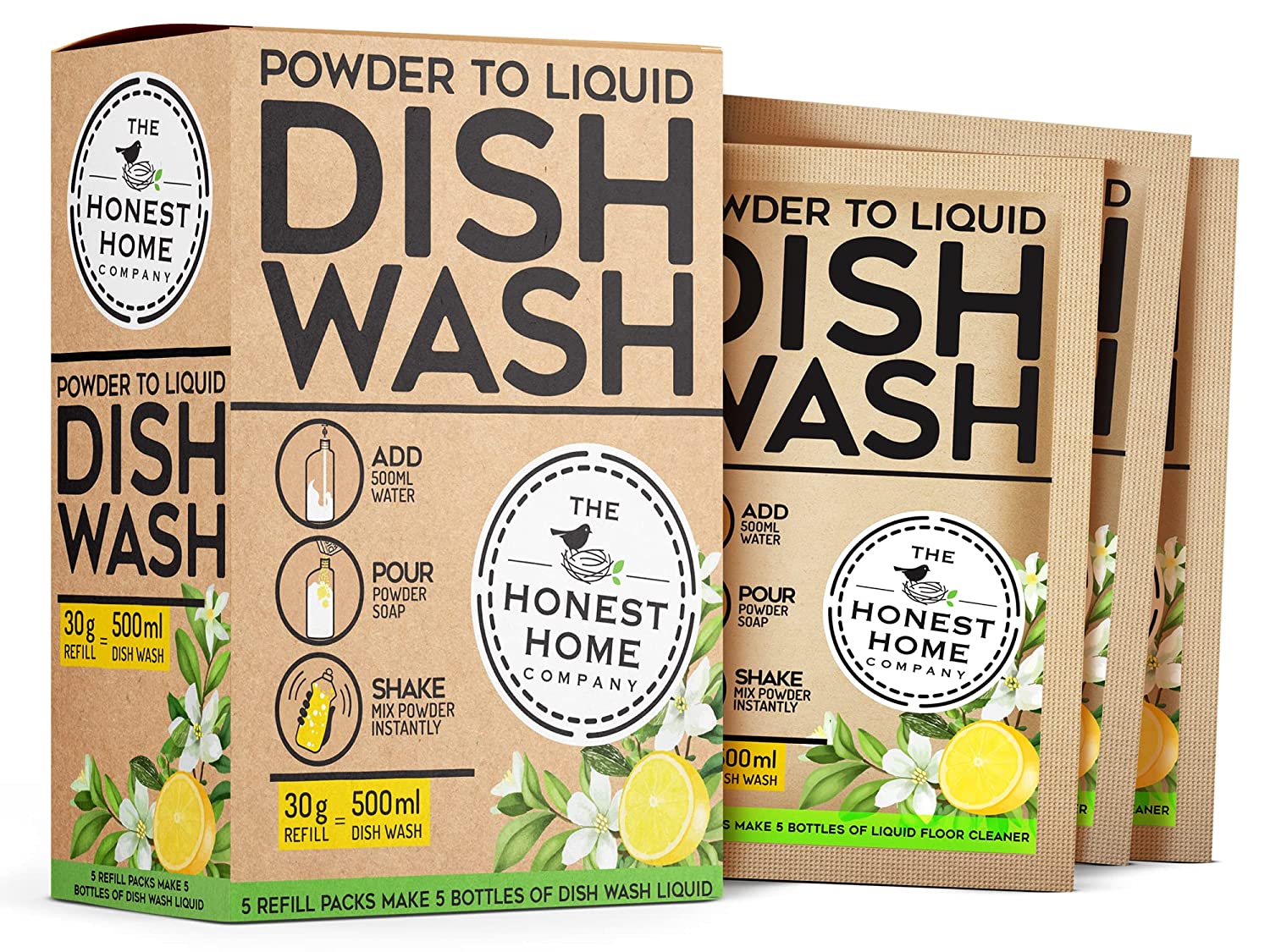 Powder to Liquid Dish Wash Refill - 2.5L (5x500ml) | Verified Sustainable by Brown Living™