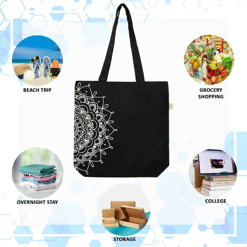Premium Cotton Canvas Tote Bag- Half Mandala Black | Verified Sustainable Tote Bag on Brown Living™
