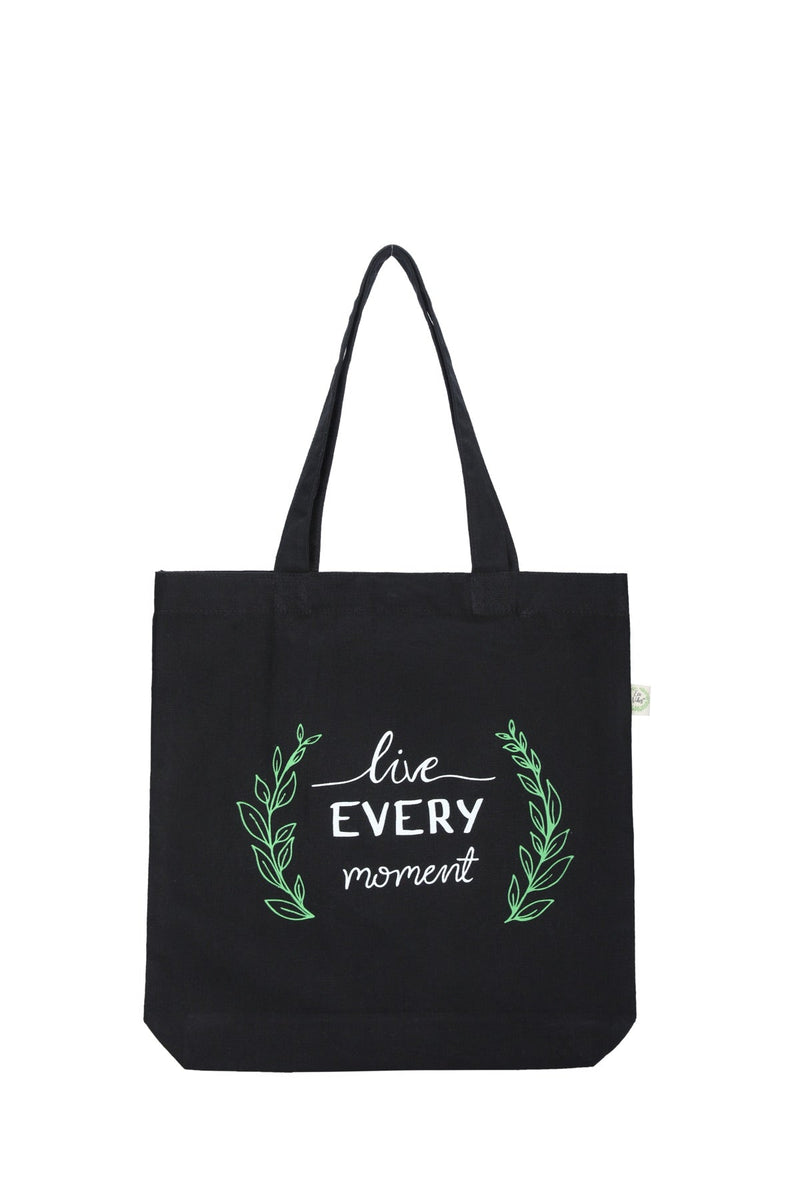 Premium Cotton Canvas Tote Bag- Live Every Moment Black | Verified Sustainable Tote Bag on Brown Living™