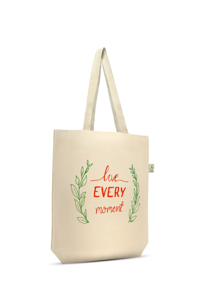 Premium Cotton Canvas Tote Bag- Live Every Moment White | Verified Sustainable Tote Bag on Brown Living™