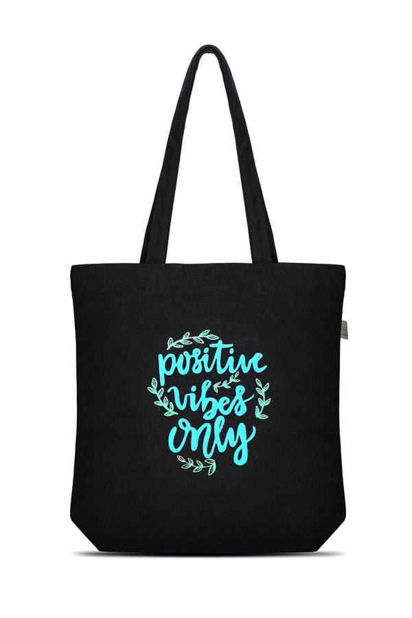 Premium Cotton Canvas Tote Bag- Positive Vibes Black | Verified Sustainable Tote Bag on Brown Living™