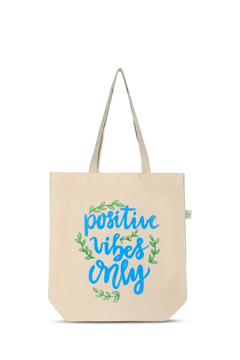Premium Cotton Canvas Tote Bag- Positive Vibes White | Verified Sustainable Tote Bag on Brown Living™