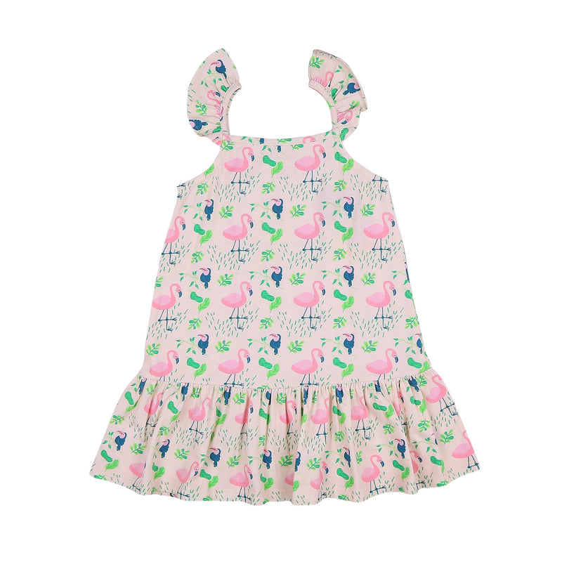 Printed Strap Cotton Dress- Flamingo Forrest | Verified Sustainable Kids Frocks & Dresses on Brown Living™