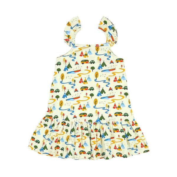 Printed Strap Cotton Dress- Happy Camping | Verified Sustainable Kids Frocks & Dresses on Brown Living™