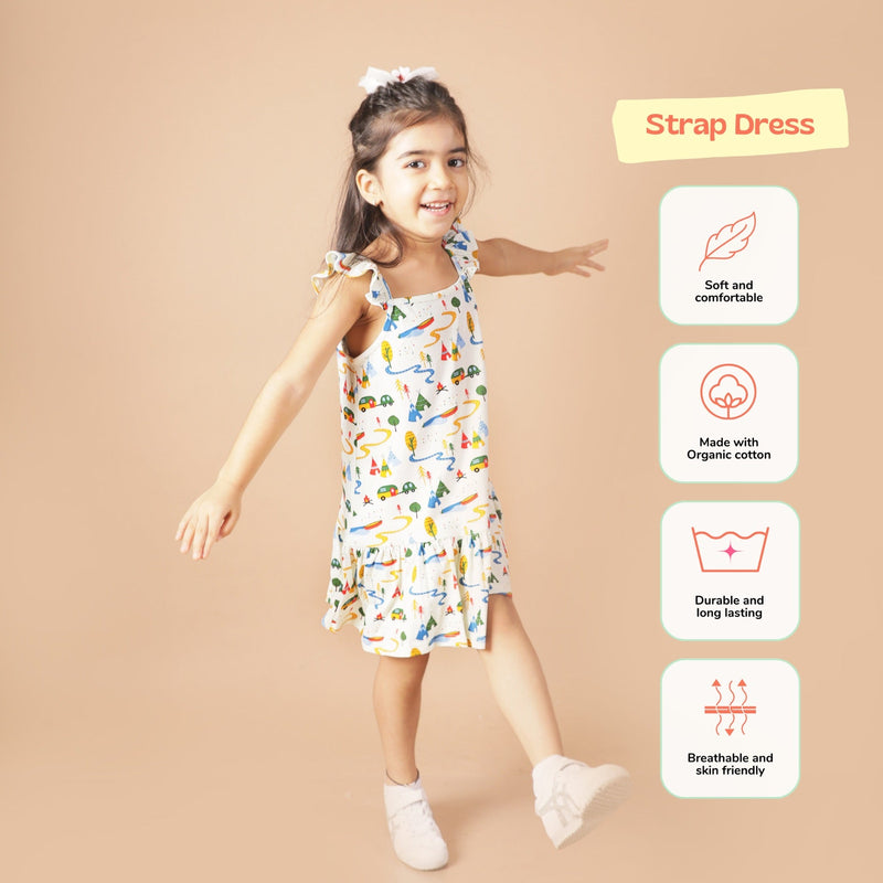 Printed Strap Cotton Dress- Happy Camping | Verified Sustainable Kids Frocks & Dresses on Brown Living™