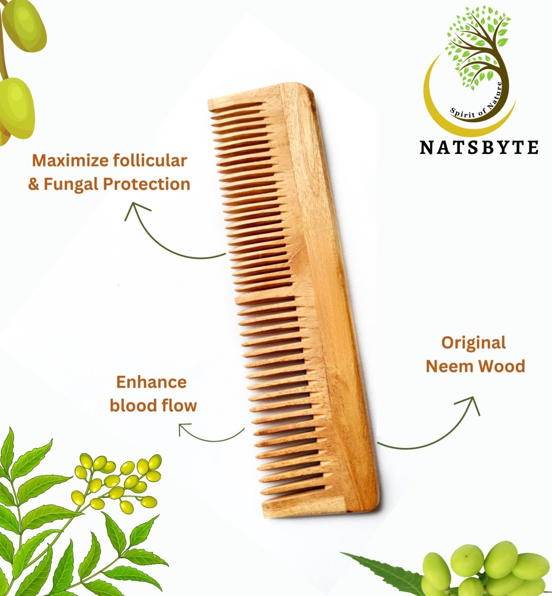 Pure Kacchi Neem Wood Comb Pack Combo - 01 (Pack of 2) | Verified Sustainable by Brown Living™