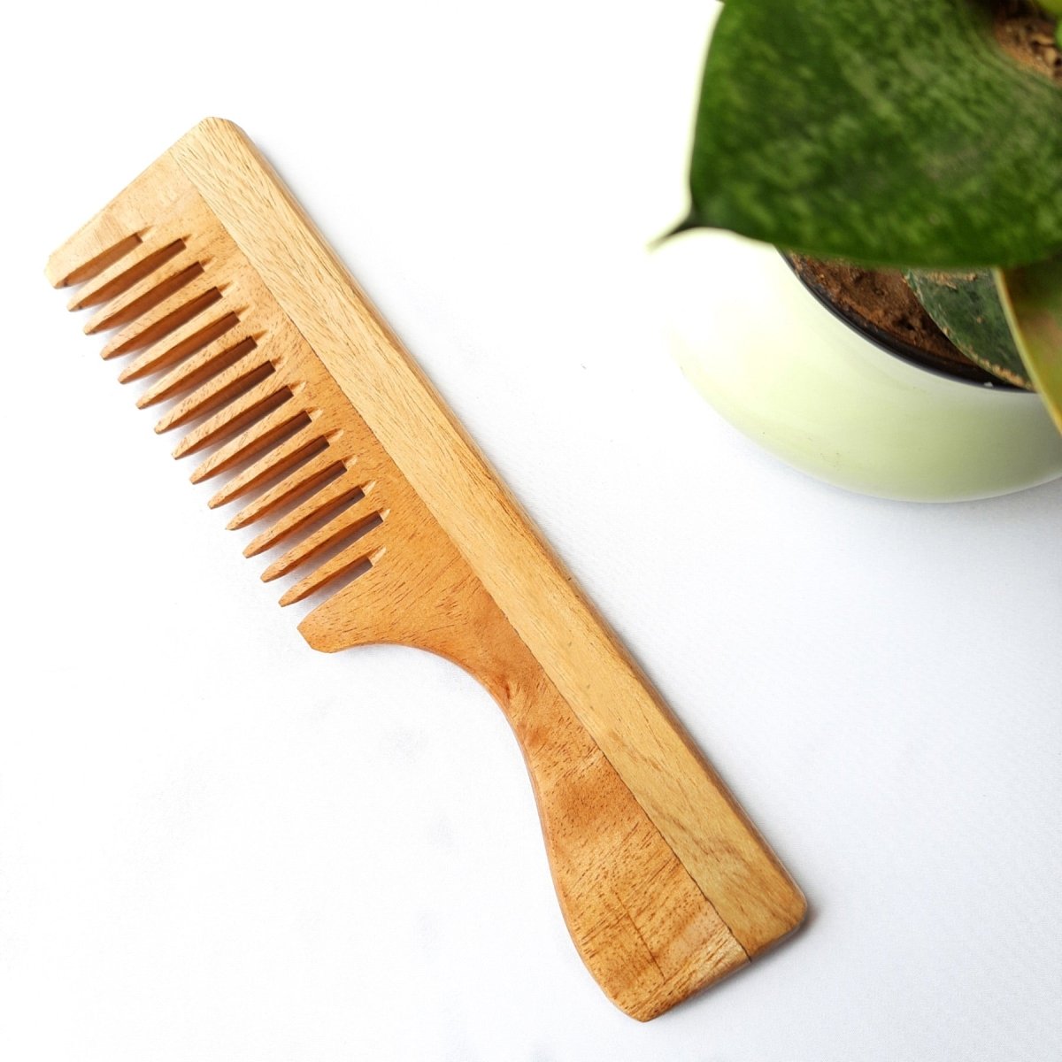 Pure Kacchi Neem Wood Handle Comb Wide Teeth | Verified Sustainable by Brown Living™