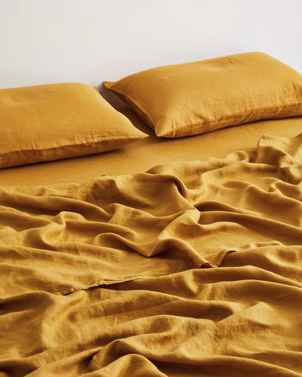 Buy Pure Linen Bed Sheet with Pillow Covers | 3 Pc Set |Golden Yellow | Shop Verified Sustainable Bedding on Brown Living™