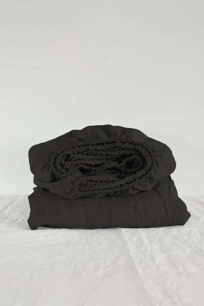 Buy Pure Linen Fitted Sheet with Pillow Covers | 3 Pc Set |Black | Shop Verified Sustainable Bedding on Brown Living™