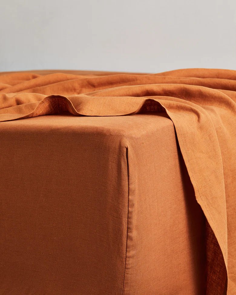 Buy Pure Linen Fitted Sheet with Pillow Covers | 3 Pc Set |Cinnamon Brown | Shop Verified Sustainable Bedding on Brown Living™