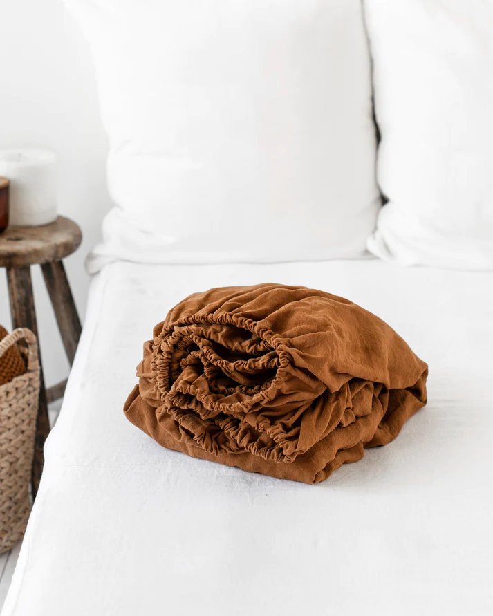 Buy Pure Linen Fitted Sheet with Pillow Covers | 3 Pc Set |Cinnamon Brown | Shop Verified Sustainable Products on Brown Living